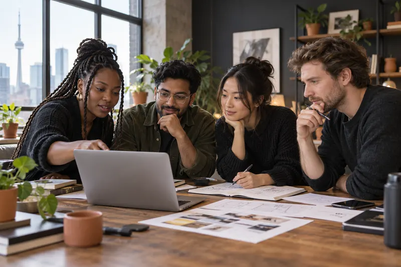 A diverse group of creative professionals planning a digital project together
